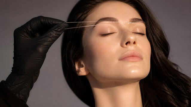 Beautician threads eyebrow hair with cotton string to shape brow on woman face up closeup