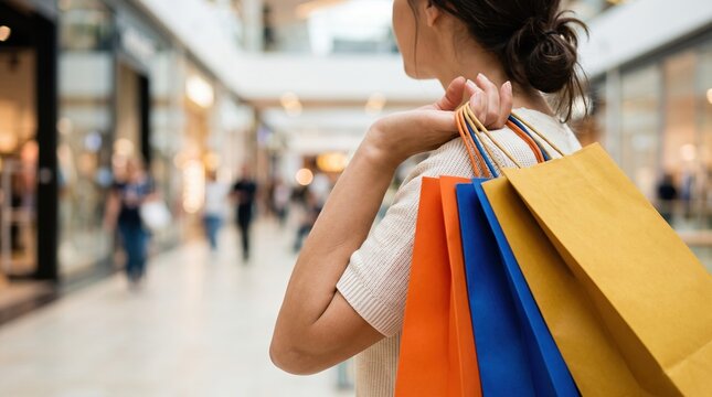 A person walks through a mall holding several shopping bags. The bags are in different colors. Many other shoppers can be seen in the background. It is a bustling time of day