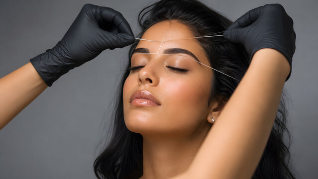 Beautician threads eyebrow with cotton string using both hands on relaxed young woman face today