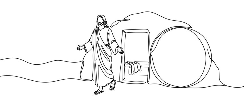 Resurrection of Jesus Christ, single continuous line art banner. Minimalist black and white drawing of the empty tomb, rolled away stone and the risen Christ. Easter Sunday Bible story illustration.