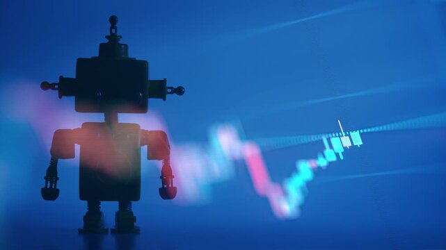 A dynamic timelapse video featuring fast moving stock market candlestick charts blended with a cute robot silhouette, representing artificial intelligence in trading, automated finance, and future mar