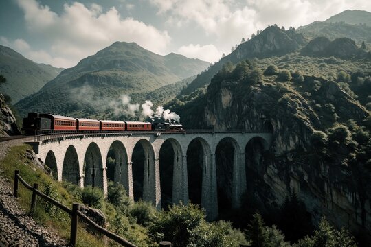 Old train travels on viaduct bridge over green valley. Steam locomotive drives through mountain landscape with trees. Scenic journey on rails.