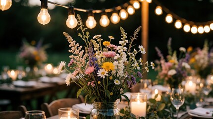 Naklejka premium Outdoor table set with wildflowers candle lights and string bulbs for cozy evening gathering. Guests enjoy summer celebration with romantic floral decor and warm atmosphere under dim lights.