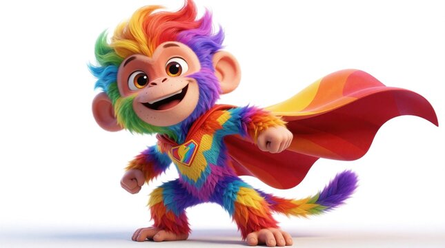 Funny colorful monkey superhero wearing red cape, hero emblem. Cute rainbow primate character stands in dynamic pose on white background. Imaginative bright animal mascot for kids animation children