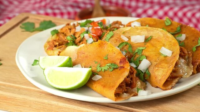 Close up of homemade crispy birria tacos served on a wooden board with red gingham napkin
