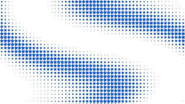 Blue star shape halftone pattern on a white background, wavy flowing lines of varying star sizes for a dynamic and geometric web backdrop