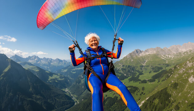 Thrilled senior woman paragliding over dramatic alpine mountain range, smiling while flying with colorful parachute, extreme sport adventure and active retirement with scenic copy space
