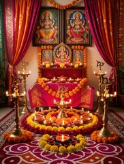 Fototapeta premium Hindu altar decorated for Diwali festival with diyas and marigold flowers. Lakshmi and other deities are honored. Warm lights illuminate home shrine for worship and prayer.