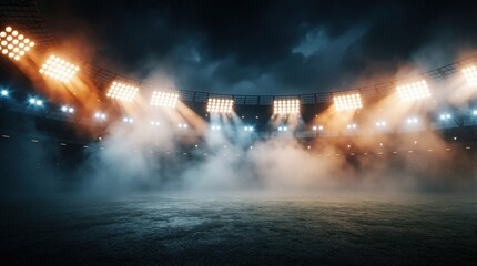 Obraz premium Empty stadium lights shine through fog creating dramatic atmosphere. Dark clouds loom overhead over arena field. Sports venue lighting creates moody background.