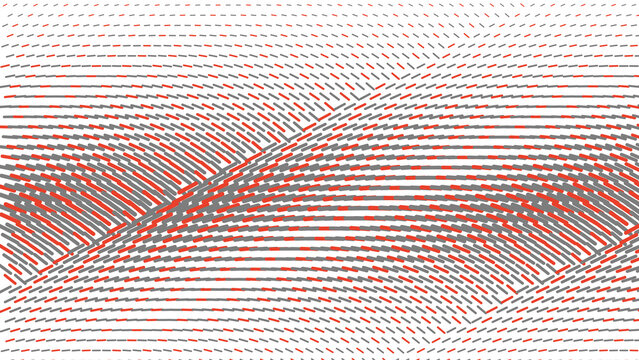 Abstract red and gray dashed lines forming a complex geometric moire pattern on a black background, rhythmic linear texture