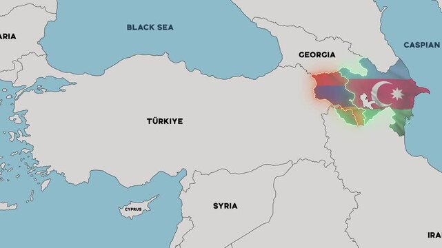 4K animation of a political map showing Armenia, Azerbaijan, and Nagorno-Karabakh, illustrating the Nagorno-Karabakh conflict and the territorial dispute between Armenia and Azerbaijan.
