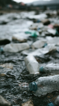 Plastic bottles littering a river, highlighting environmental pollution issues.