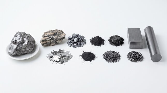 A realistic collection of graphite materials featuring natural graphite ore, graphite-bearing rocks, crushed fragments, graphite flakes, concentrate, fine powder, granules, pellets, blocks, and rods. 