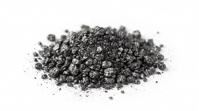 A realistic collection of graphite materials featuring natural graphite ore, graphite-bearing rocks, crushed fragments, graphite flakes, concentrate, fine powder, granules, pellets, blocks, and rods. 