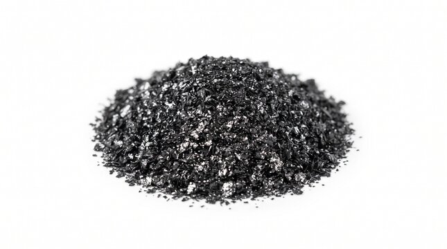 A realistic collection of graphite materials featuring natural graphite ore, graphite-bearing rocks, crushed fragments, graphite flakes, concentrate, fine powder, granules, pellets, blocks, and rods. 