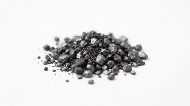 A realistic collection of graphite materials featuring natural graphite ore, graphite-bearing rocks, crushed fragments, graphite flakes, concentrate, fine powder, granules, pellets, blocks, and rods. 