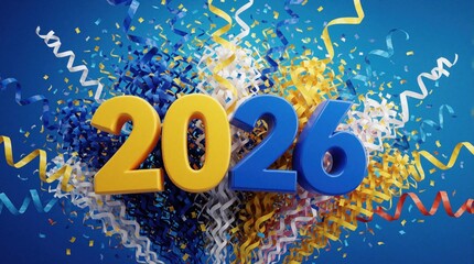 Naklejka premium Bold 3D numbers 2026 explode with colorful confetti and streamers. Festive year end celebration for parties holidays and greeting cards. Bright abstract fun.