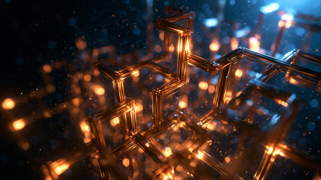 Abstract Glowing Golden Tech Network and Blockchain Structure