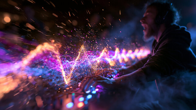 DJ Mixing Music with Glowing Energy Audio Waves at Concert