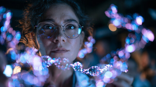 Female Scientist Examining Glowing DNA Helix in Laboratory