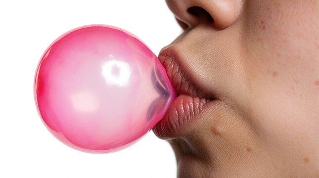 Close-up on person blowing a large pink bubble gum bubble. Lips are pursed creating a round air bubble against white background. Fun and playful activity.