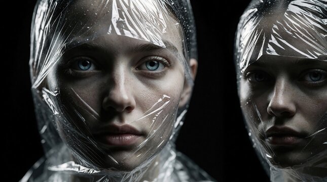 Human head covered in plastic wrap, symbolizing mental suffocation and environmental damage. Woman trapped in transparent film, conveying isolation and feeling overwhelmed by modern life challenges.