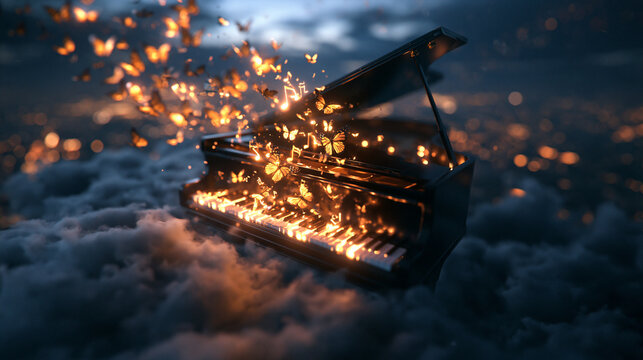 Magical Grand Piano Floating in Clouds with Glowing Butterflies