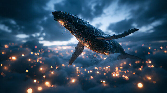 Surreal Whale Flying Through Glowing Clouds in Night Sky