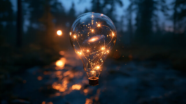 Glowing Light Bulb Floating in Forest at Night