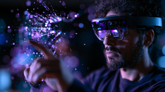 Man Using Augmented Reality Glasses Interacting with Hologram