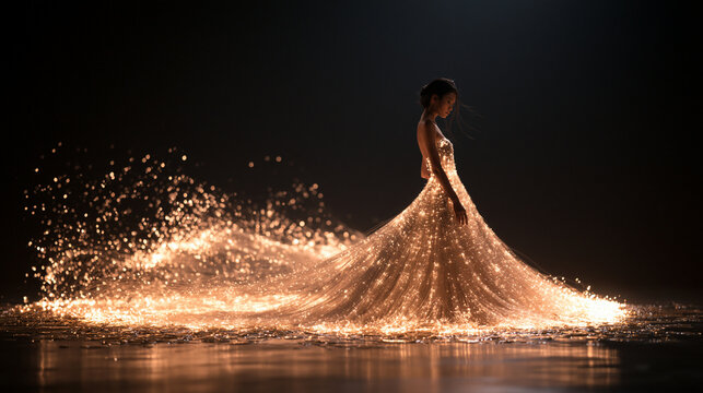 Woman in Glowing Sparkling Gown with Light Trail