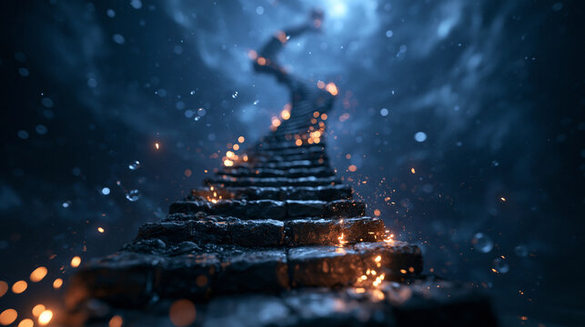 Mystical Stone Staircase Winding Upward into Glowing Sky