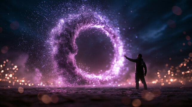 Traveler Standing Before Glowing Energy Portal in Sci-Fi Landscape