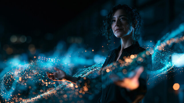 Woman Interacting with Digital Futuristic Glowing Particle Wave