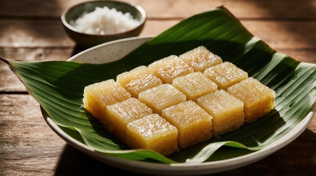 Traditional Indonesian tape singkong fermented cassava dessert served on green banana leaf. Sweet yellow snack pieces arranged on plate with small bowl of grated coconut. Authentic Southeast Asian