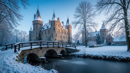 Naklejka premium Snowy medieval castle with stone bridge over frozen canal. Winter trees frame historic architecture under clear blue sky. Tranquil winter scene.