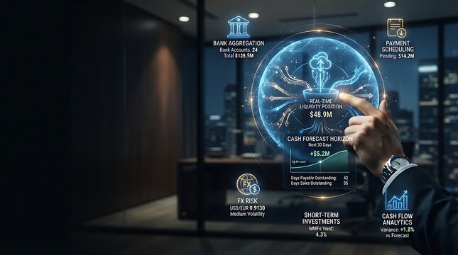 Treasury executive interacting with holographic cash flow management liquidity dashboard interface for enterprise working capital optimization and digital treasury financial management solutions.