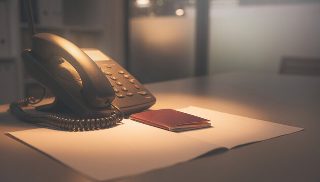 A vintage office desk at night, nobody present, features a landline phone and a closed passport on a blank document. A moody, cinematic atmosphere evokes themes of travel, business, and secrets.