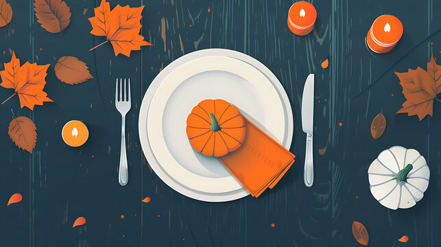 Top down flat lay Thanksgiving dinner setting with plate cutlery and pumpkin on dark wood