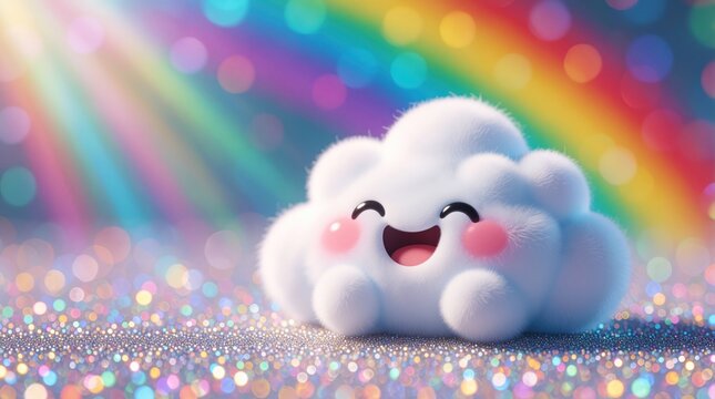 Fluffy cloud character with rosy cheeks and a wide smile sits on glitter. Rainbow light beams and bokeh illuminate the happy scene, suggesting joy and positivity.