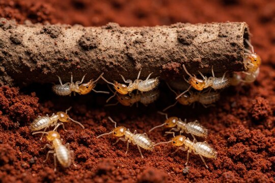Termites build mud tubes underground in red soil, working as a team to create their colony. These insects are small, creepy creatures forming a destructive infestation.