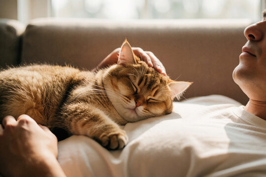 Man gently pets sleeping golden cat resting on his chest on couch. Domestic animal napping peacefully. Cozy home moment showing pet love and companionship.