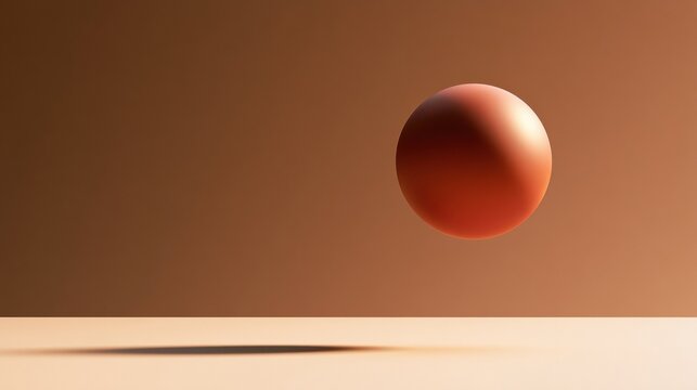 An elegant terracotta sphere appears to float above a warm surface, casting a gentle shadow. The background is plain, offering space for text.