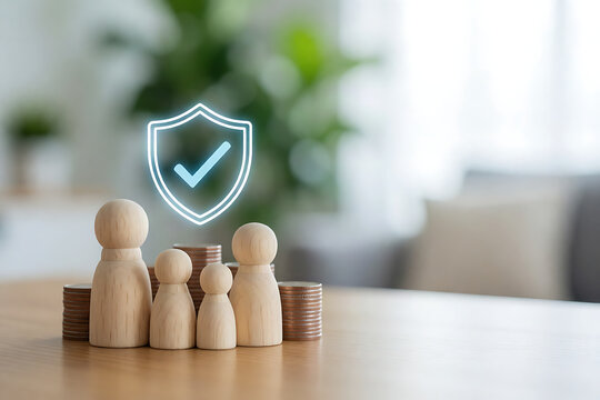 Wooden family figures with security shield icon symbolizing protection and safety
