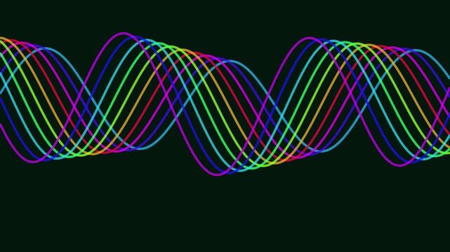 Colorful Sound Wave Spectrum: An abstract visualization of sound waves, depicted as vibrant, interlacing sine curves in a spectrum of rainbow colors, suggesting music, science.
