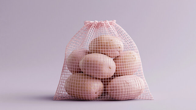A mesh bag filled with fresh brown potatoes on a pastel background.