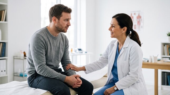 Doctor reassures patient during medical consultation in a bright clinic office with anatomical chart on wall