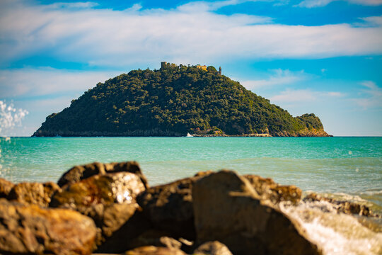 Gallinara Island, Ligurian coast, in the Riviera di Ponente, municipality of Albenga, Province of Savona, Liguria. Nature reserve in the Ligurian Sea
