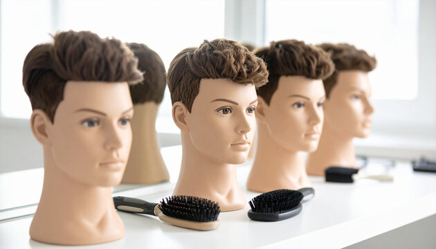 A row of male mannequin heads with styled hair sits on a white shelf. This professional salon scene contains no people, evoking precision, creativity, and modern grooming for barber training.