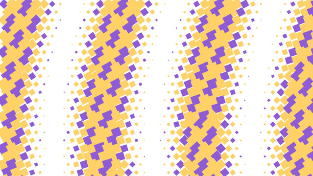 Abstract geometric pattern with yellow and purple shapes on a black background, featuring repeating diagonal zigzags and pixelated dot textures